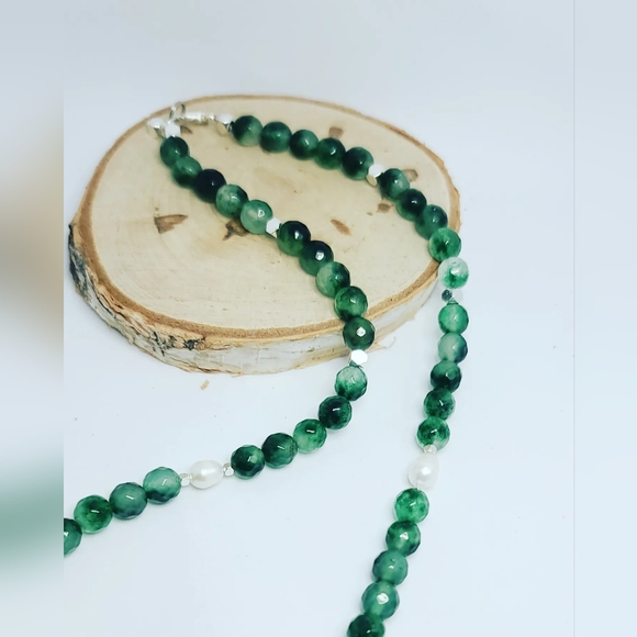 Faceted Moss Agate, Baroque Pearl necklace 8 mm - Picture 3 of 4